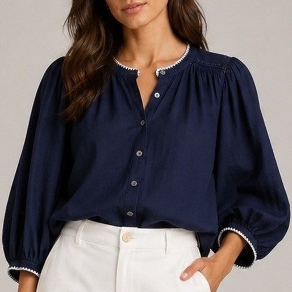 Madewell Womens Navy Blue Cotton Ladder Stitch Balloon Sleeve Blouse Small